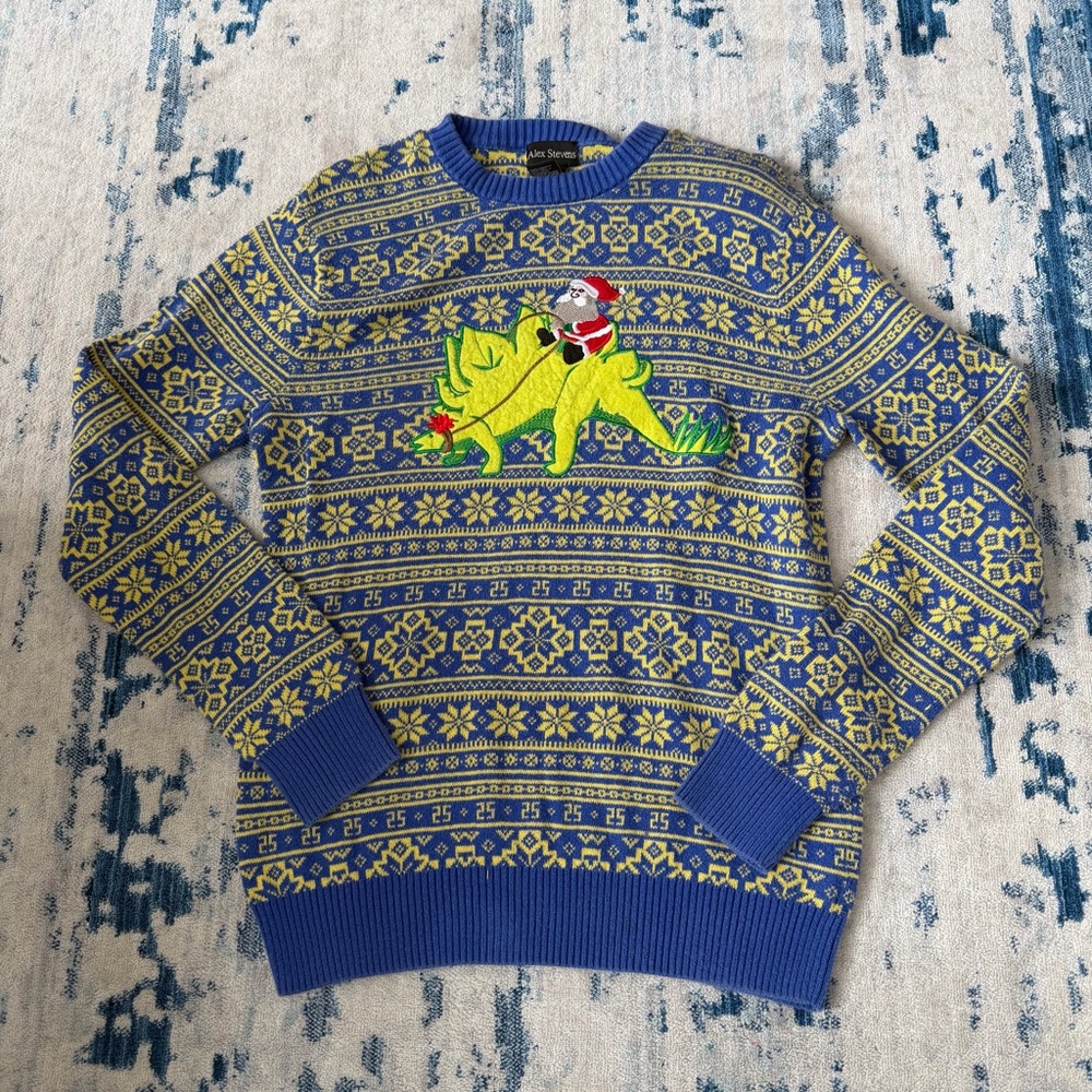 Alex Stevens Men's Stegosaurus Santa Ride Ugly Christmas Sweater Small